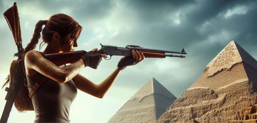 lara croft with rifle in front of pyramid giza ai image