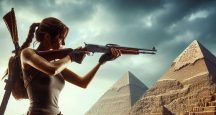 lara croft with rifle in front of pyramid giza ai image