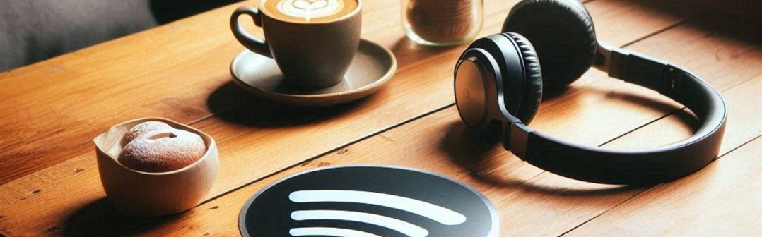 Spotify AI image sluchadla na stole s logom spotify