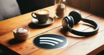 Spotify AI image sluchadla na stole s logom spotify