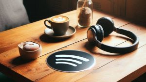 Spotify AI image sluchadla na stole s logom spotify
