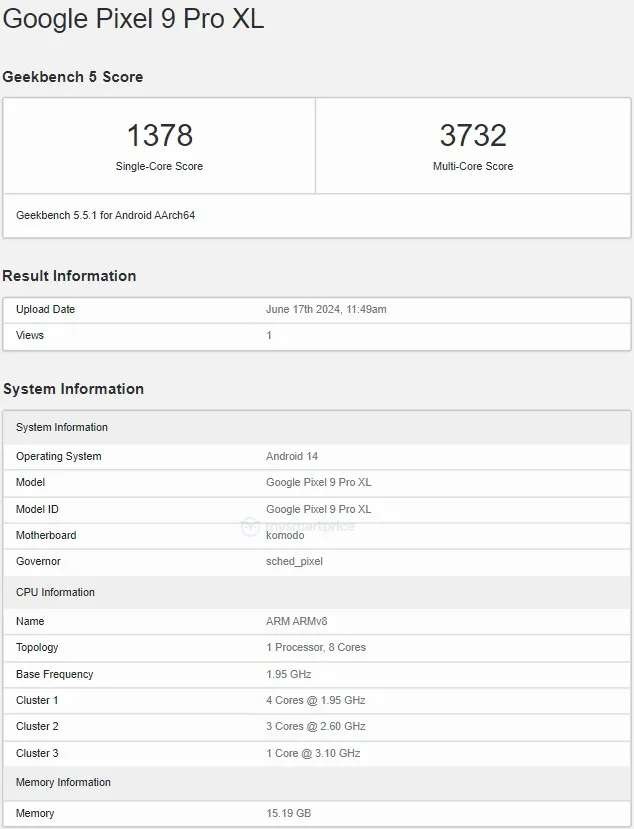 Google 9 Pro XL v teste Geekbench