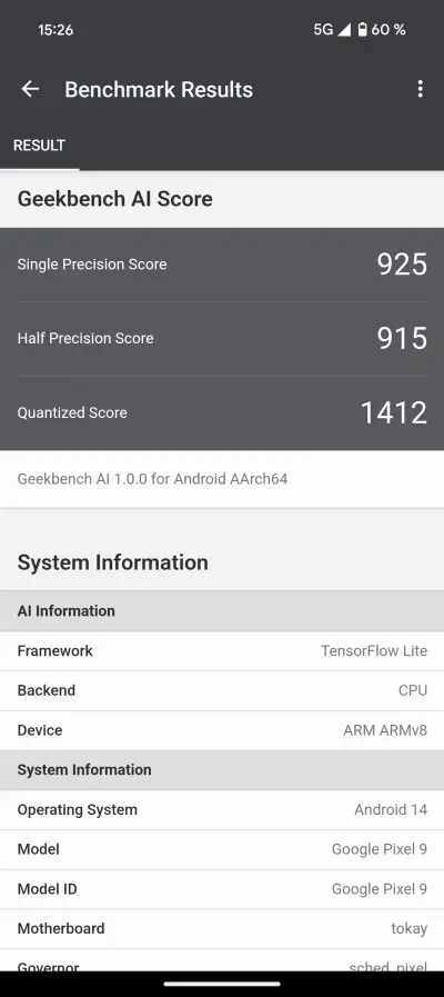 Pixel 9 v Geekbench AI