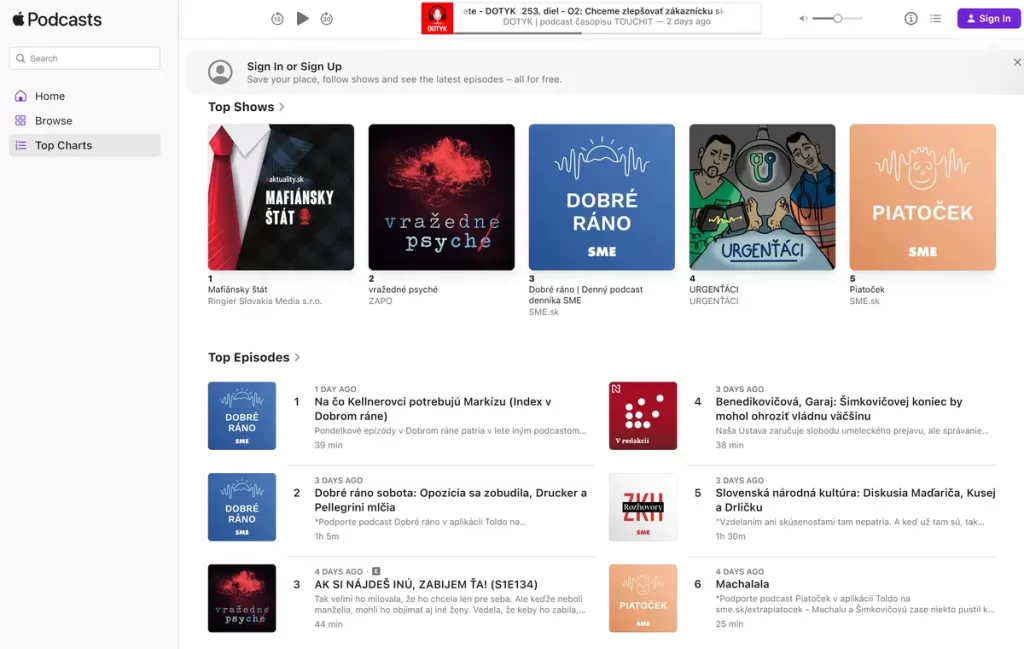 Apple Podcasty už môžete počúvať aj cez webový prehliadač