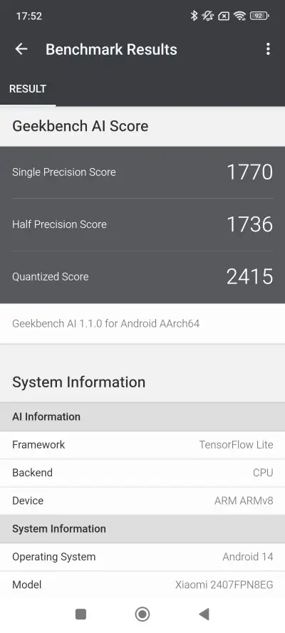 Xiaomi 14T Pro v teste Geekbench AI