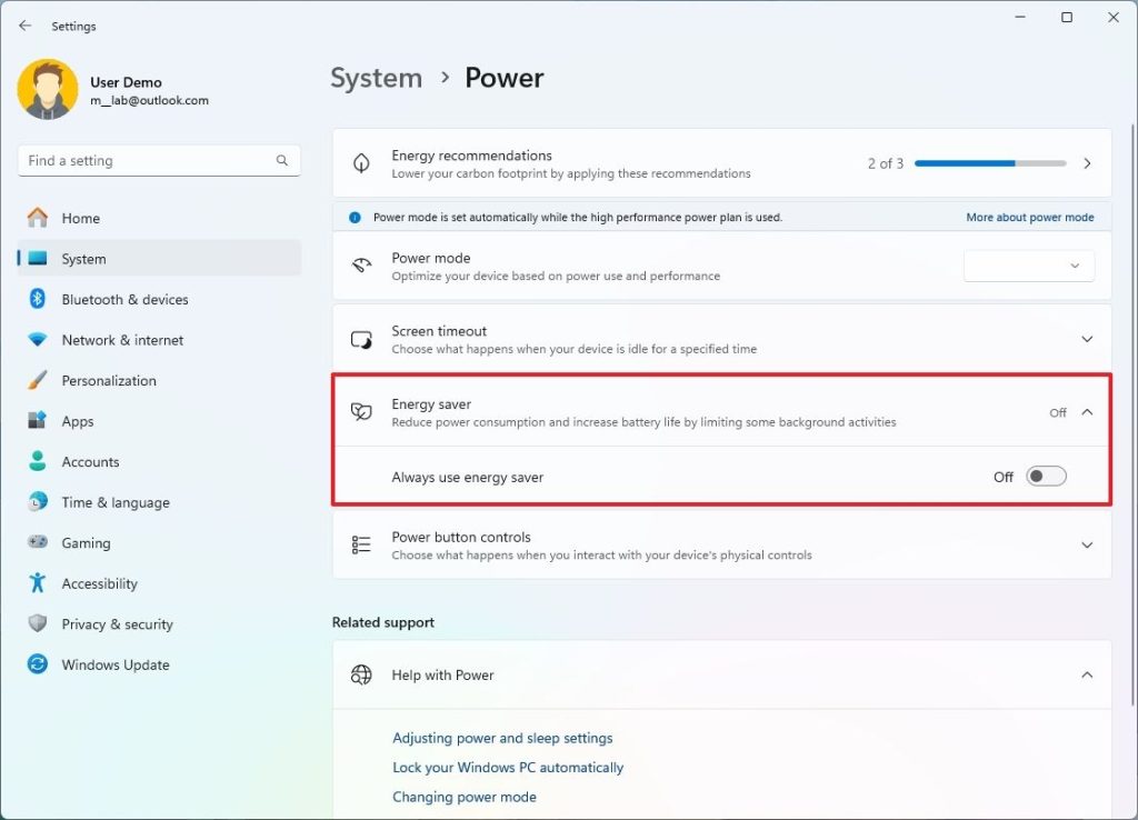 energy settings win11 24H2