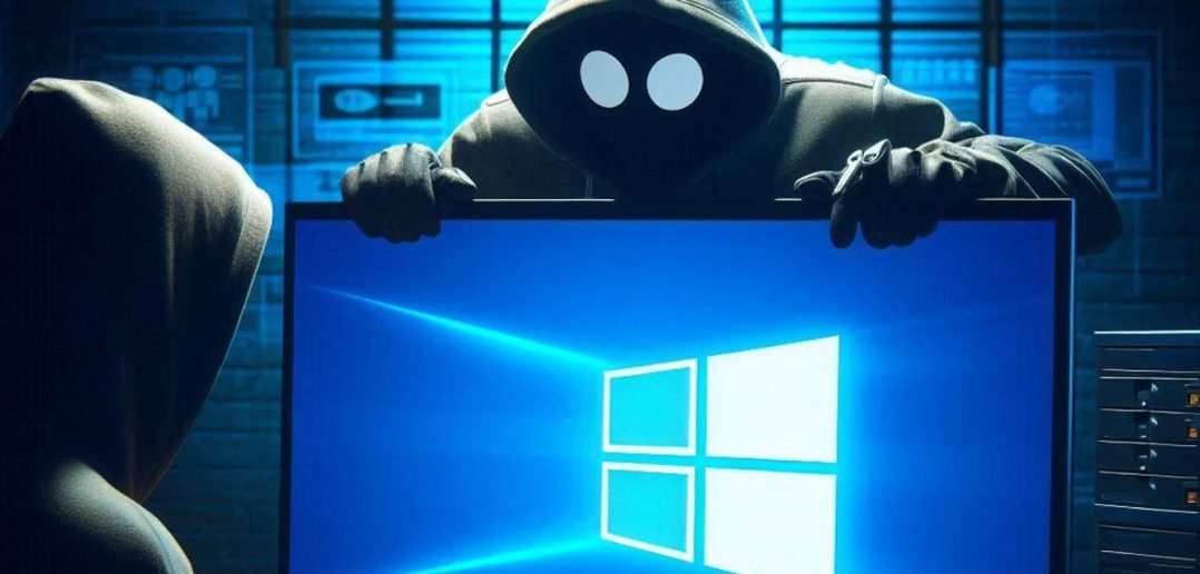 operating system windows logo on computer screen with hacker in hood