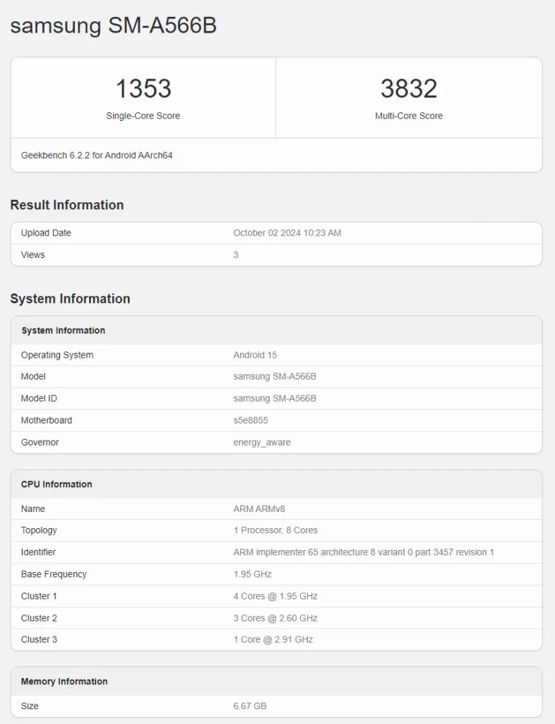 Samsung Galaxy A56 v Geekbench