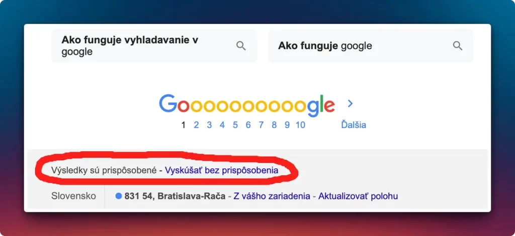 Google Vyhľadávanie na webe bez personalizácie