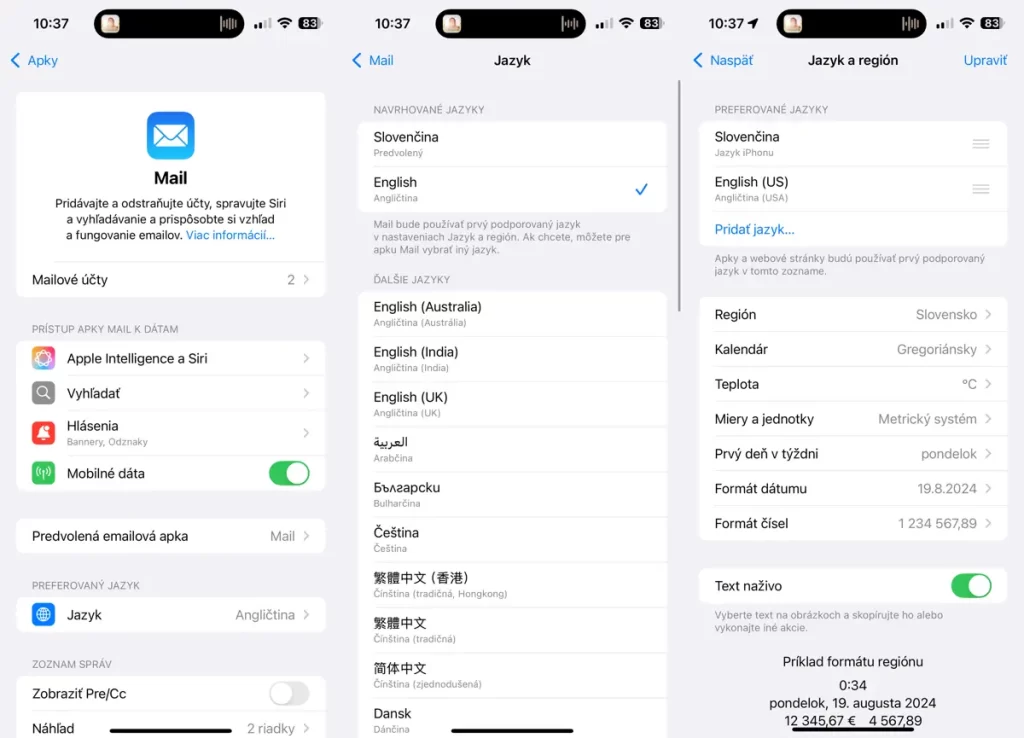 Nastavenie jazyka pre aplikáciu Mail a pre celý systém iOS