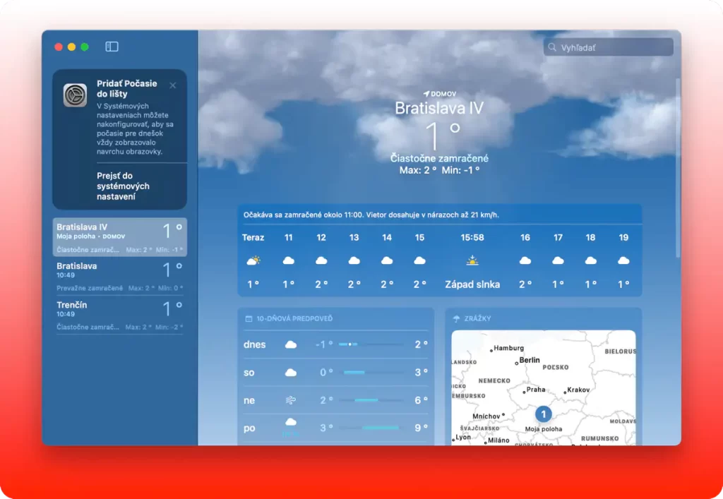 Počasie v macOS 15.2 vás upozorní na možnosť pripnutia do lišty