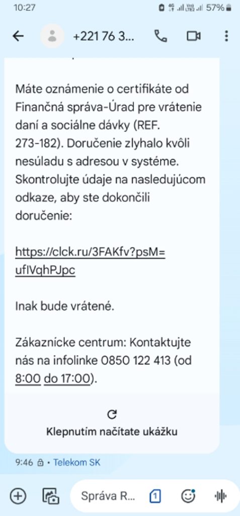 SMS údajne od Finančnej správy