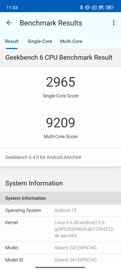 Geekbench 6 v Xiaomi 15
