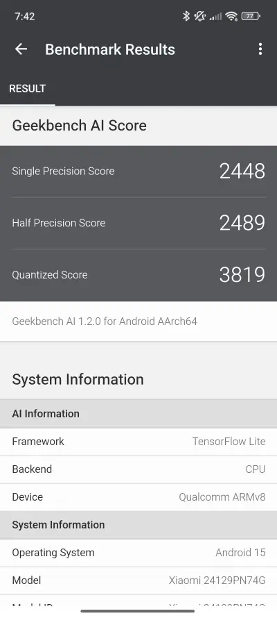 Geekbench AI v Xiaomi 15