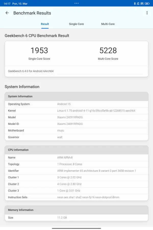 Geekbench 6 v tablete Xiaomi Pad 7 Pro