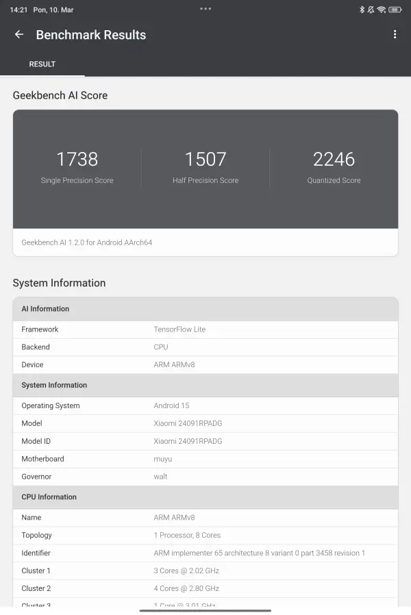Geekbench AI v tablete Xiaomi Pad 7 Pro