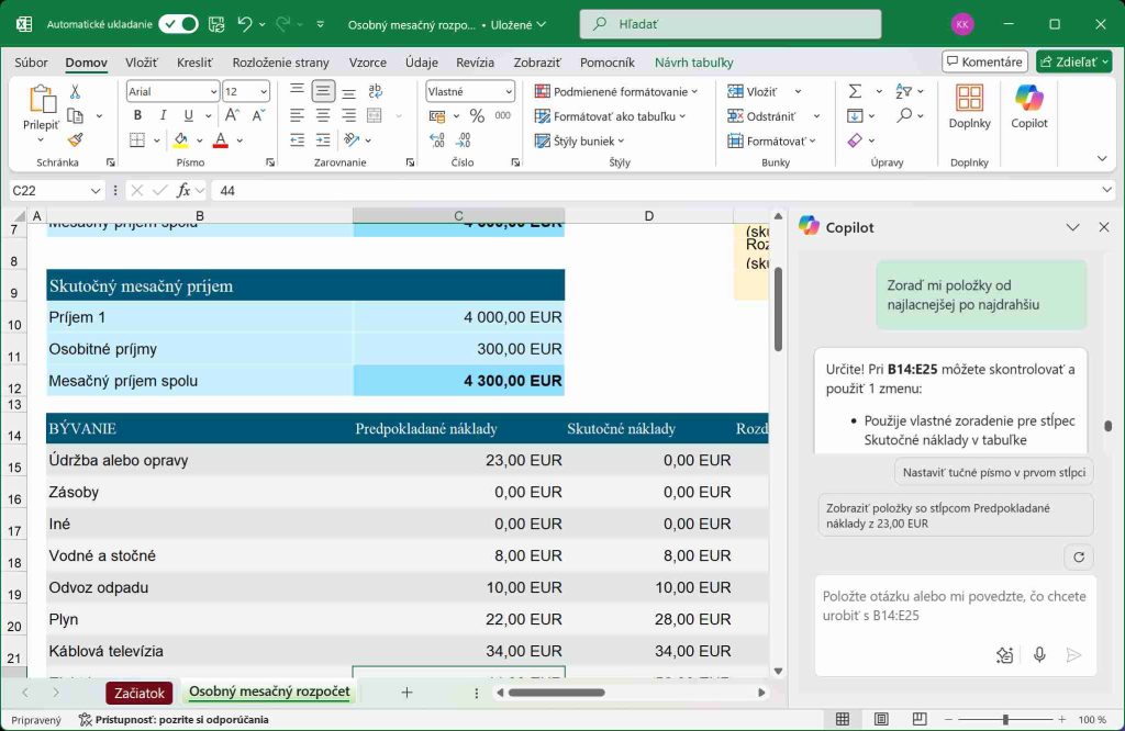 Copilot Pro vykonáva úpravy v tabuľke Excel