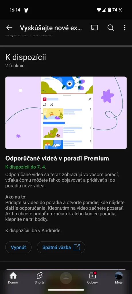 Experimentálna funkcia v YouTube Premium