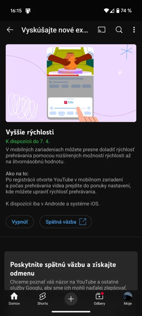 Experimentálna funkcia v YouTube Premium