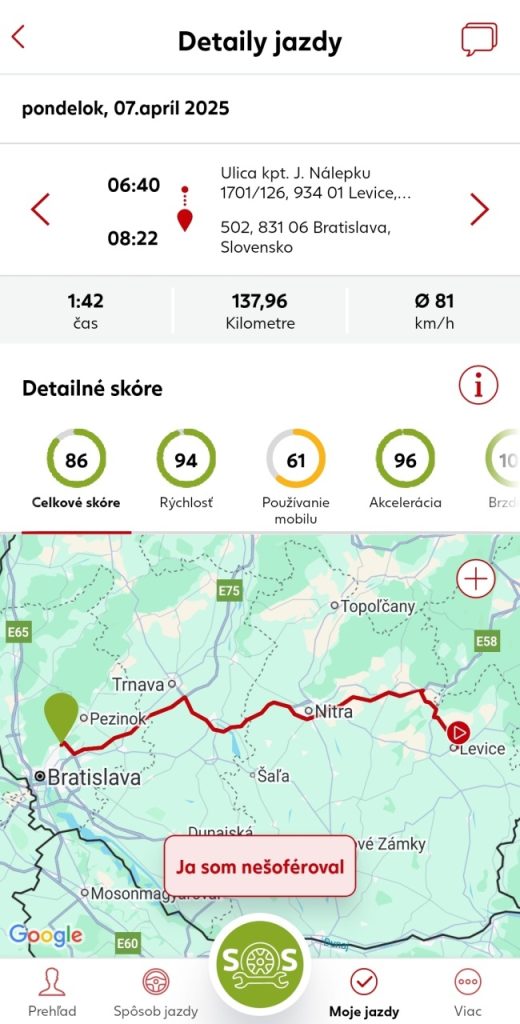 Prehľad o trase s voľbou Nešoféroval som