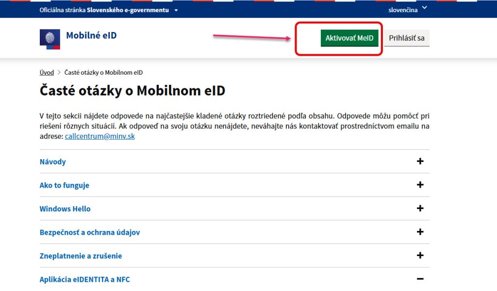 Rozhranie stránky meid.minv.sk s aktiváciou MeID