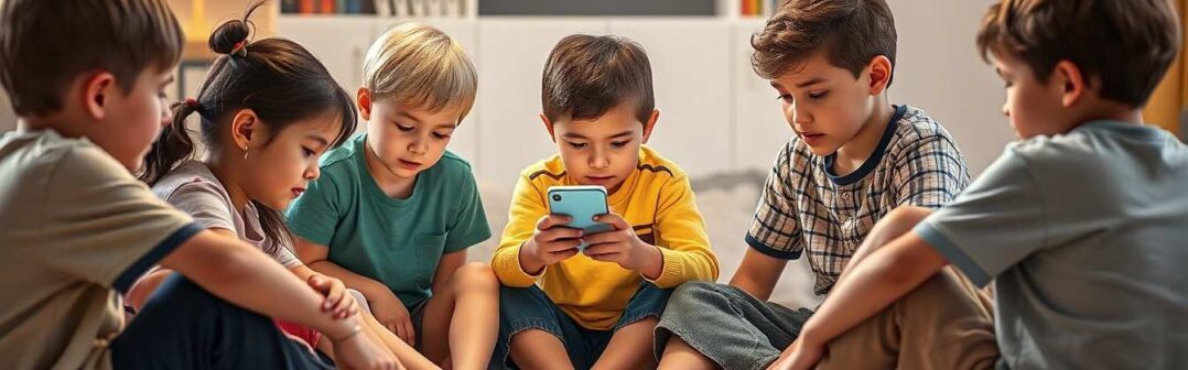 deti sediace v kruhu a pozerajuce do mobilu