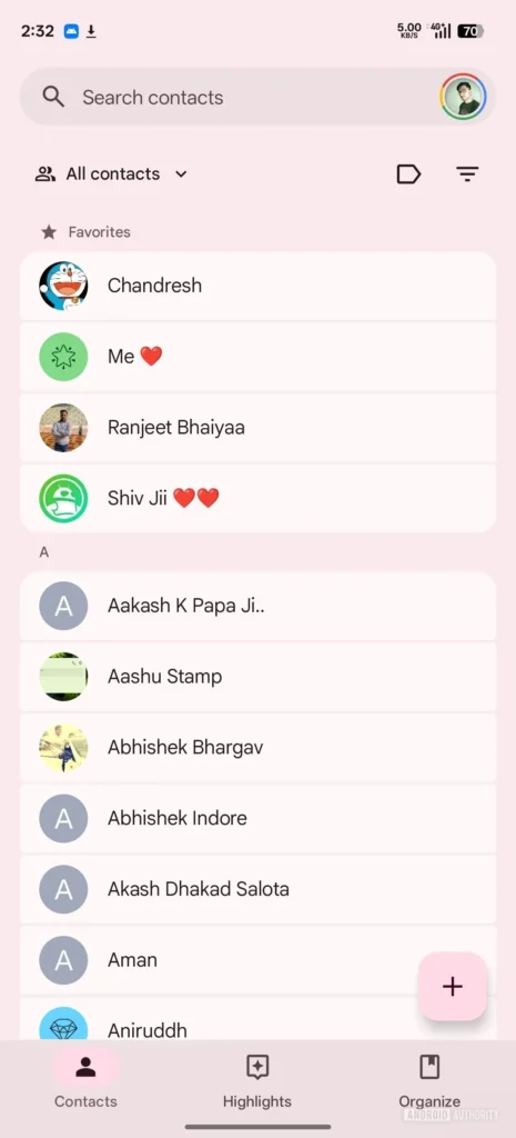 Google Kontakty s dizajnom Material 3 Expressive