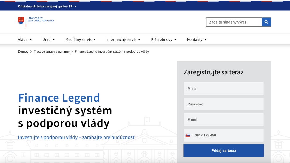 Falošná stránka vydávajúca sa za stránku Úradu vlády SR