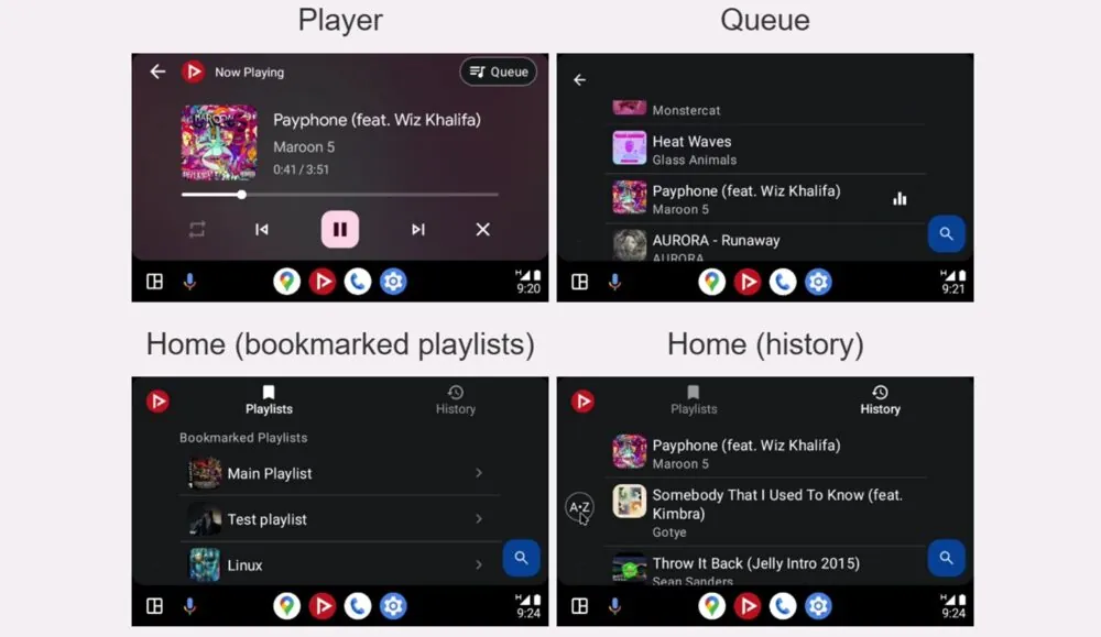 Rozhranie NewPipe v Android Auto