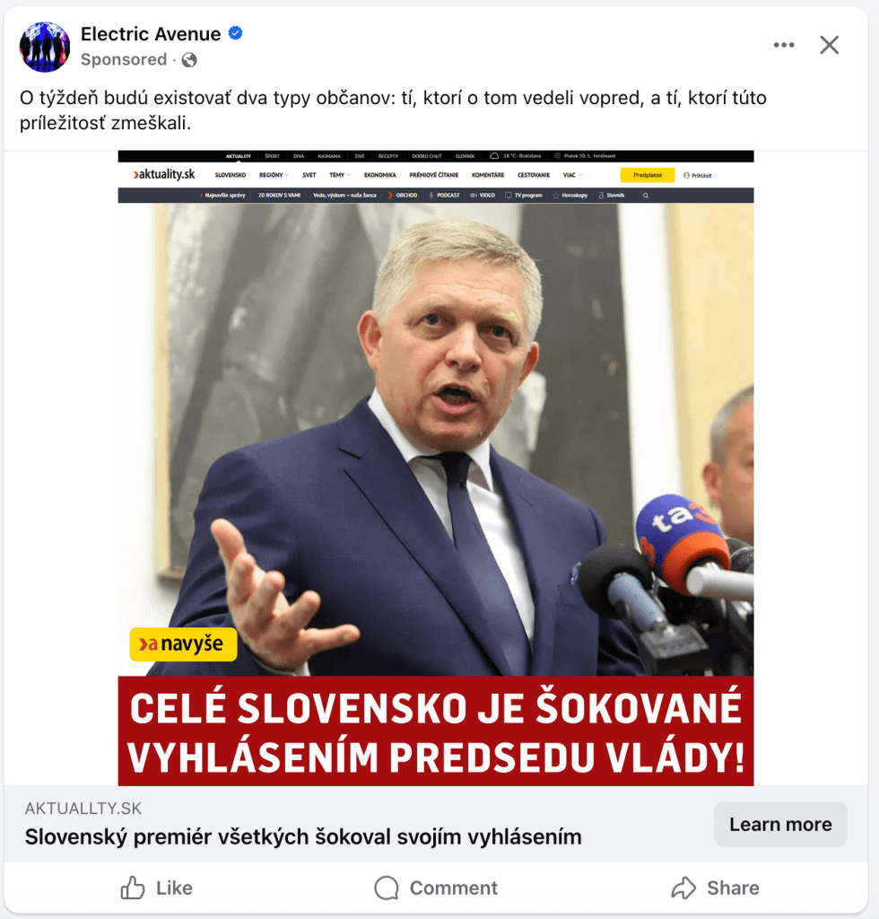 Sponzorovaný príspevok na Facebook s Ficom, ktorý je falošný a chce navodiť dôveryhodnosť