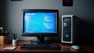 počítač s monitorom na stole AI fotka