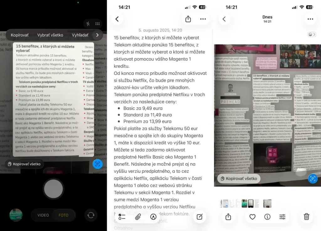 iOS 26: Využitie funkcie Text naživo priamo v aplikácii Kamera (vľavo) a v aplikácii Fotky (vpravo)