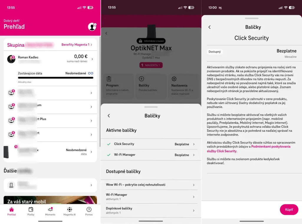 Aktivácia služby Click Security v aplikácii Telekom