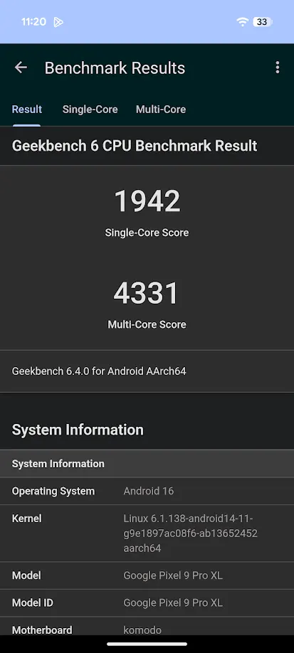 Pixel 9 Pro XL Geekbench