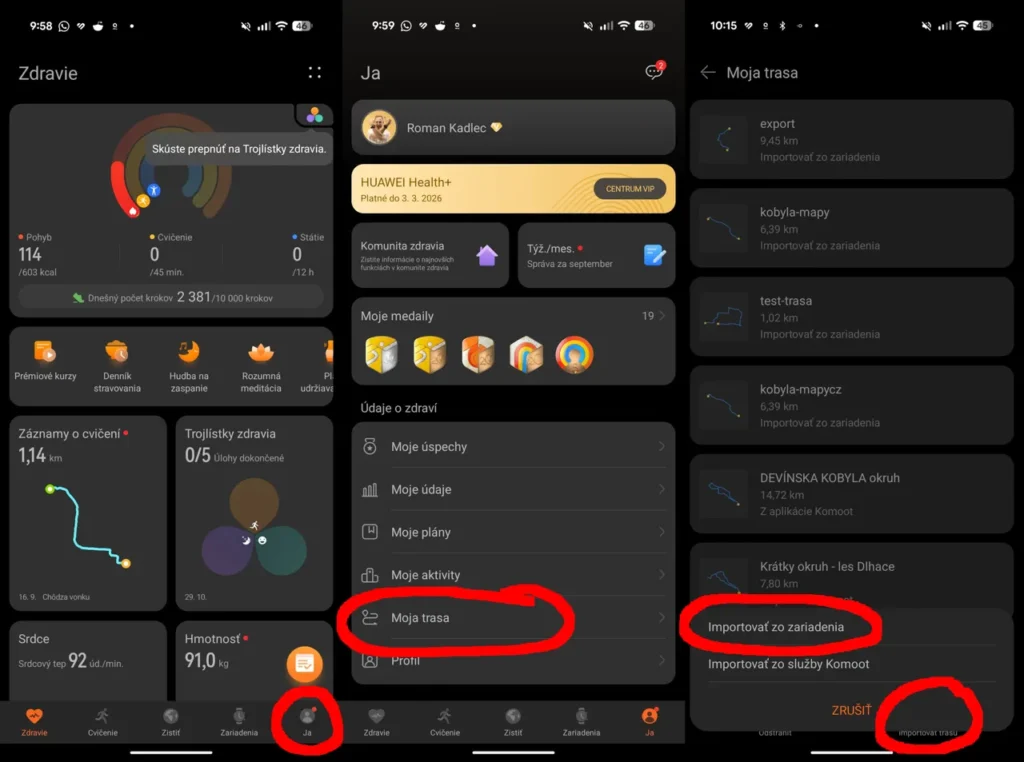 Importovanie gpx trasy cez aplikáciu Huawei Zdravie