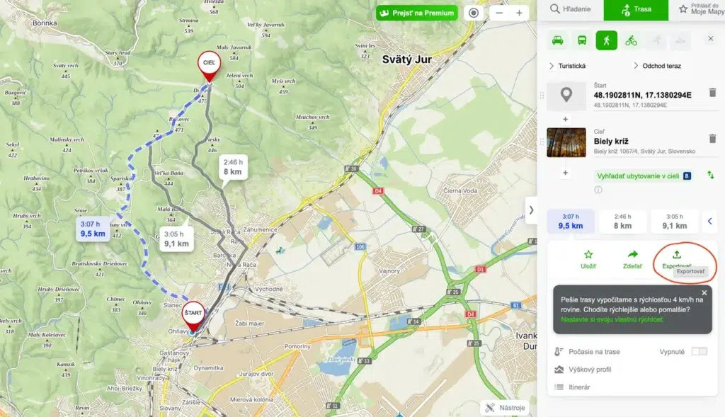 Tvorba a export trasy cez mapy.cz (mapy.com)