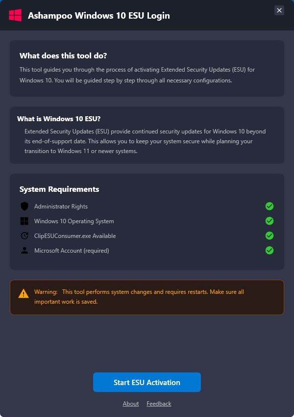 Ashampoo Windows 10 ESU Login