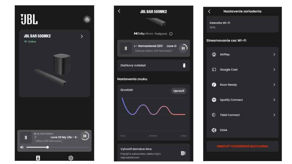 Aplikácia JBL One pri spojení s JBL Bar 500 MK2