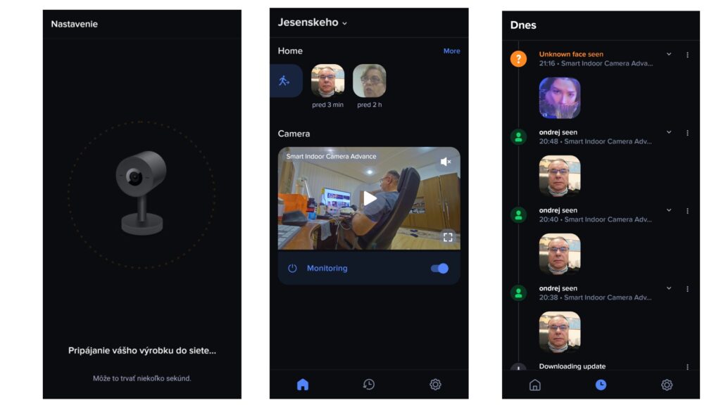 Inštalácia kamery, Používateľské rozhranie mobilnej aplikácie a zachytenie neznámej osoby pred kamerou