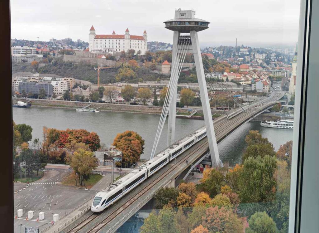 Railway Bridge AI image google mixboard bratislava SNP most s vlakom