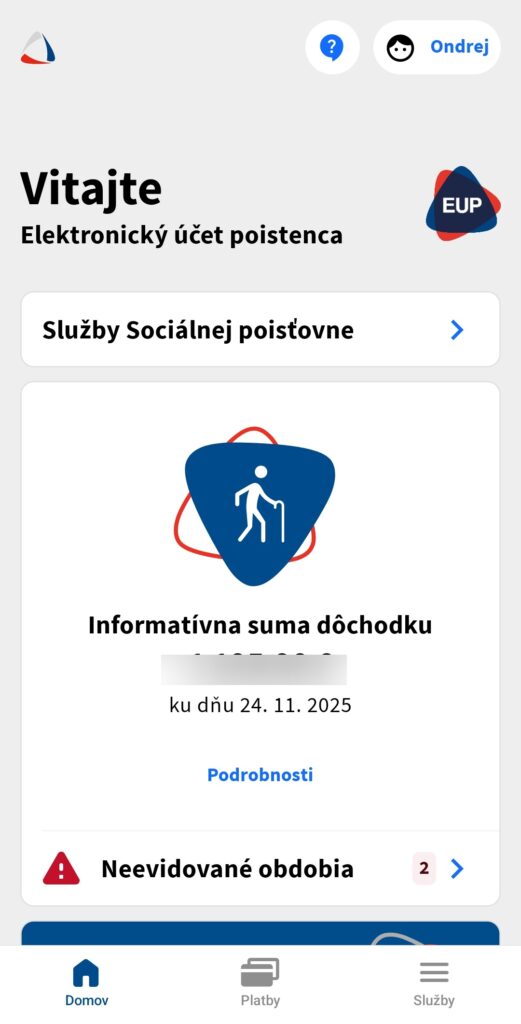 Úvodná stránka aplikácie Sociálna poisťovňa