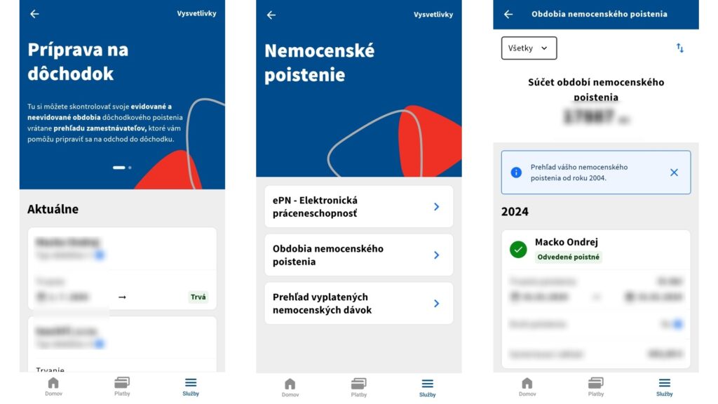 Funkcie z mobilnej aplikácie Sociálnej poisťovne