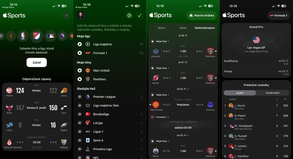 Apple Sports obsahuje živé výsledky, informácie v reálnom čase a prehľad viacerých športových súťaží