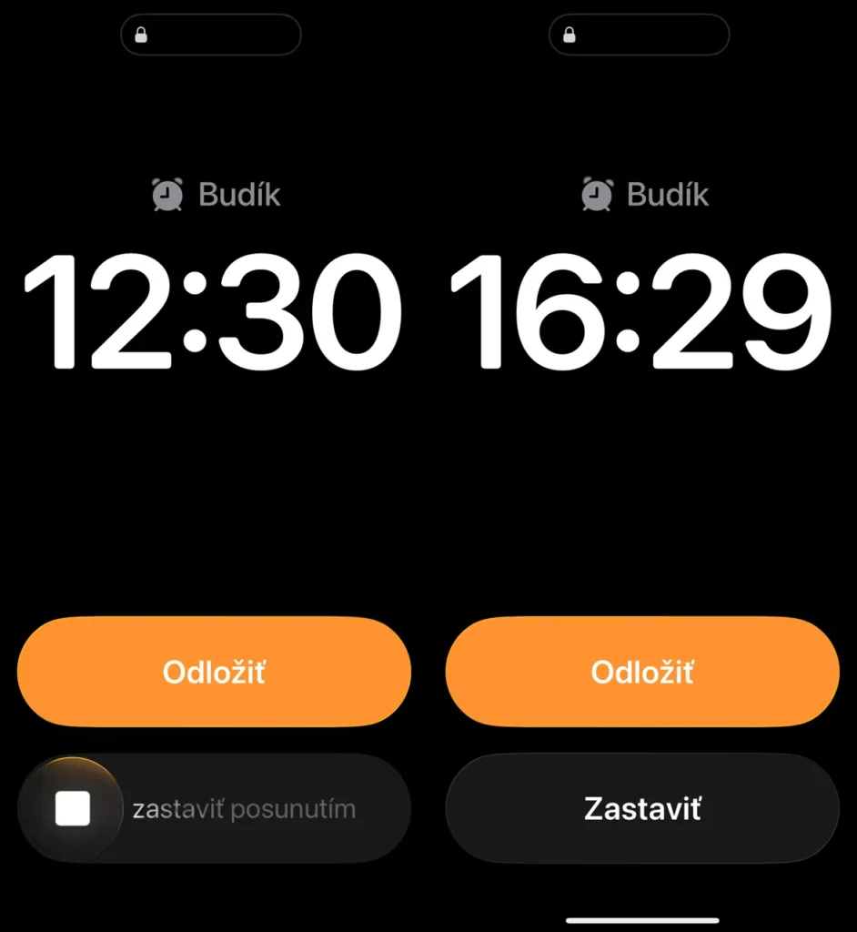 iOS 26.1 zmenil spôsob vypínania budíka na iPhone (vľavo). Úpravou jedného nastavenia ho môžete opäť vypínať ťuknutím na tlačidlo