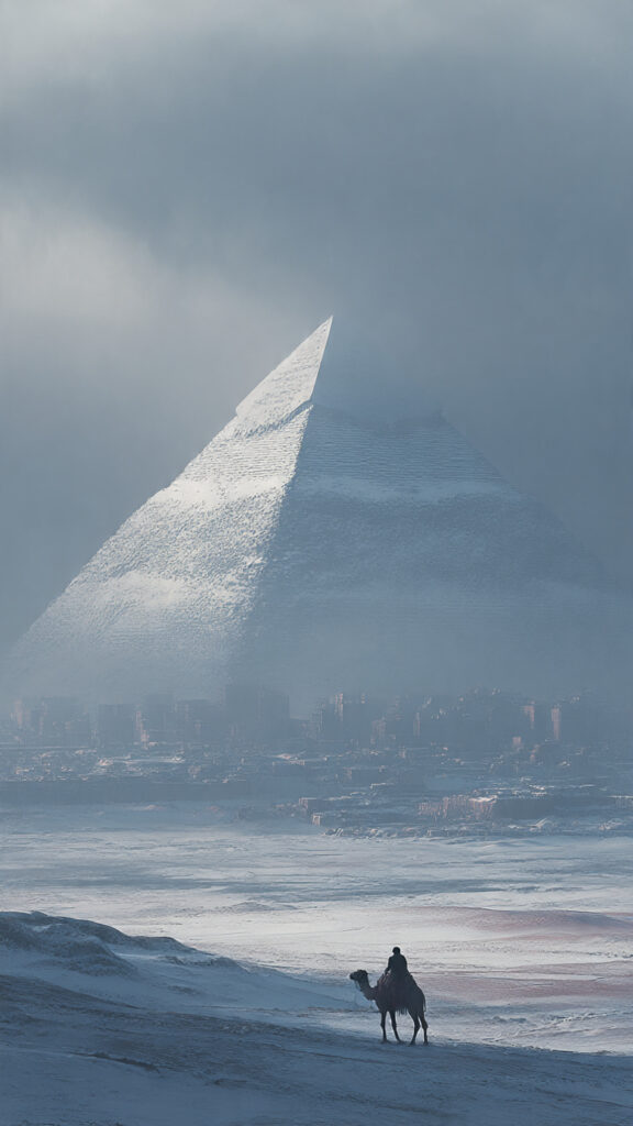 Pyramida Giza so snehom AI obrazok
