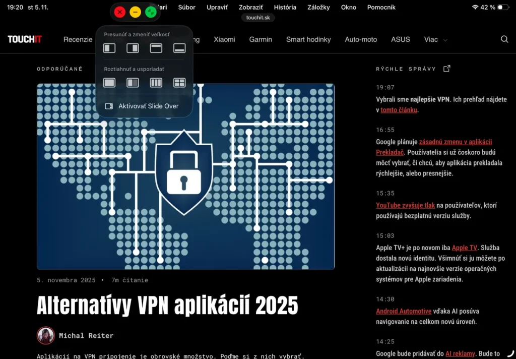 Prepnutie aplikácie na iPade do režimu Slide Over