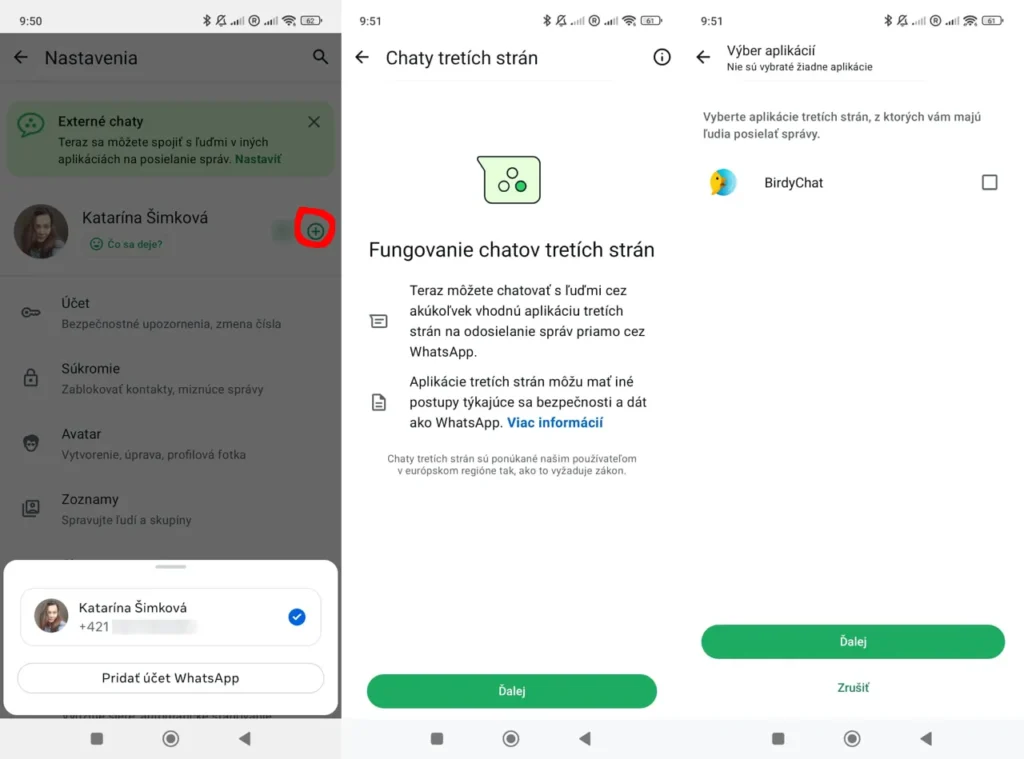 Pridanie viacerých WhatsApp účtov do telefónu (vľavo) a prepojenie s aplikáciami tretích strán