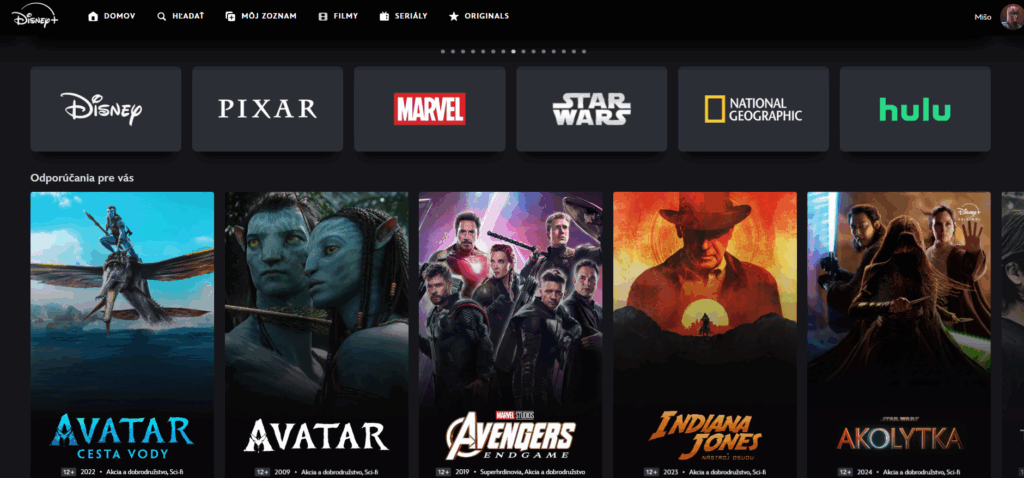 Rozhranie webovej aplikácie Disney+