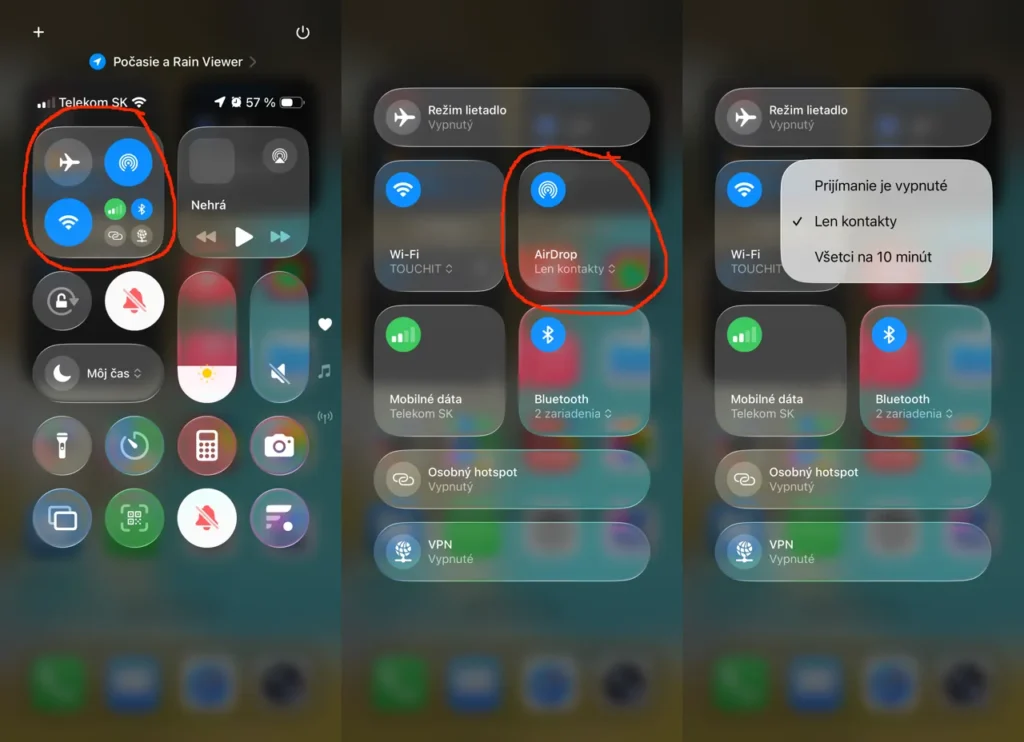 Nastavenie prijímania cez funkciu AirDrop. Stiahnite Ovládacie centrum a ťuknutie na widget s bezdrôtovou konektivitou. Zobrazí sa funkcia AirDrop s možnosťou jej zapnutia, vypnutia a nastavenia prijímania