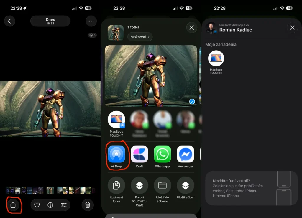 Odosielanie súborov na iPhone cez AirDrop. Všimnite si, že v lište zdieľania sa automaticky zobrazia vaše okolité zariadenia aj bez nutnosti ťuknúť na ikonu AirDrop
